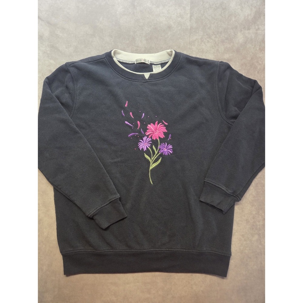 Vtg 90's Embroidery Sweatshirt Medium Black Floral Cottagecore Grannycore